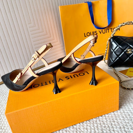 BLOSSOM PUMP SLINGBACKS 75 MM IN BLACK IMPORTED STRIPED SILK SATIN