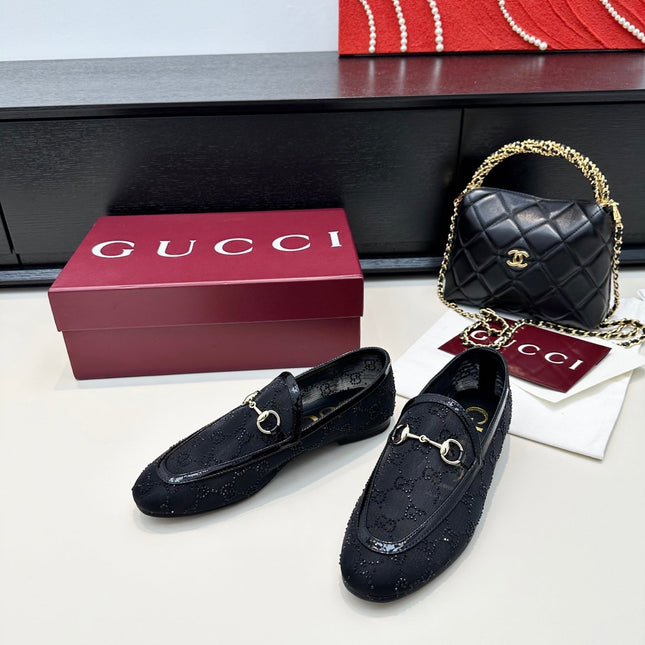 GUCCI HORSEBIT LOAFERS IN BLACK CRYSTAL MESH GOLD HARDWARE