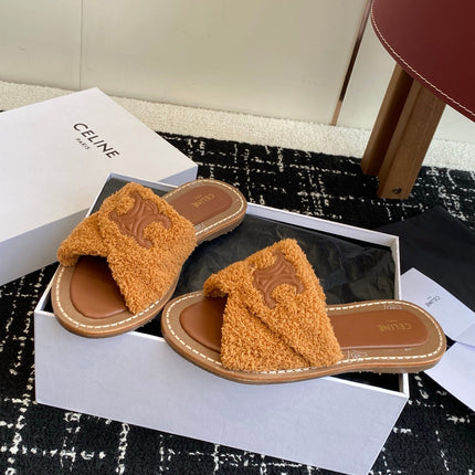 CELINE 26S TRIOMPHE FLAT SLIDES IN BROWN WOOL