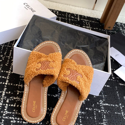 CELINE 26S TRIOMPHE FLAT SLIDES IN BROWN WOOL