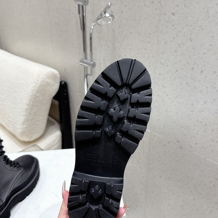 CELINE 26S CHUNKY-SOLE COMBAT BOOTS IN BLACK CALFSKIN