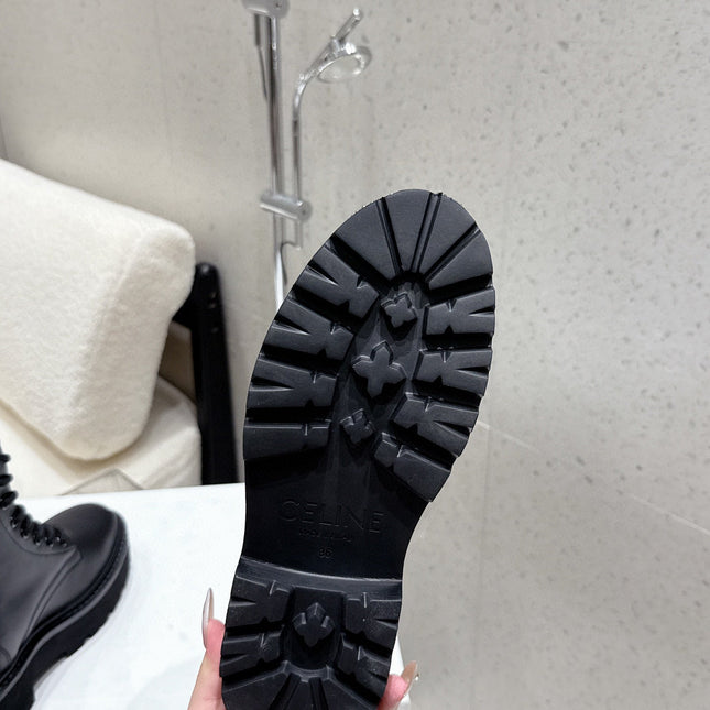 CELINE 26S CHUNKY-SOLE COMBAT BOOTS IN BLACK CALFSKIN