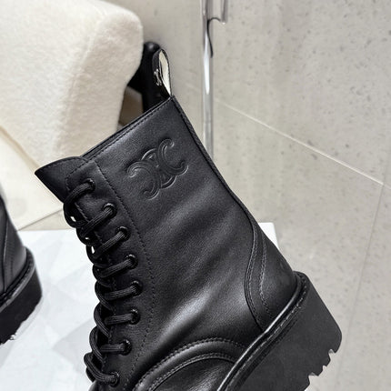 CELINE 26S CHUNKY-SOLE COMBAT BOOTS IN BLACK CALFSKIN