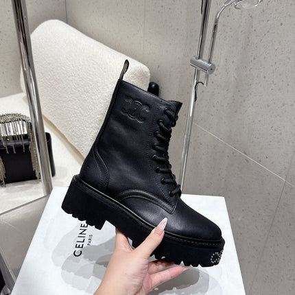 CELINE 26S CHUNKY-SOLE COMBAT BOOTS IN BLACK CALFSKIN