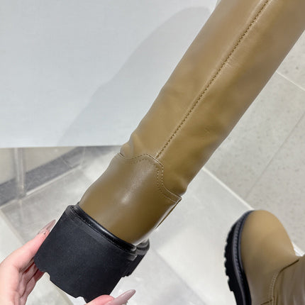 CELINE 26S KNEE-HIGH BOOTS IN OLIVE BROWN AND BLACK CALFSKIN