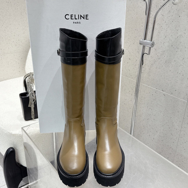 CELINE 26S KNEE-HIGH BOOTS IN OLIVE BROWN AND BLACK CALFSKIN