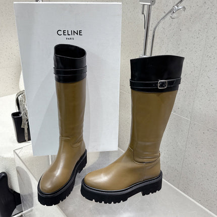 CELINE 26S KNEE-HIGH BOOTS IN OLIVE BROWN AND BLACK CALFSKIN