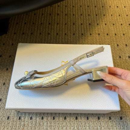DIOR 26S OPEN BACK SANDALS IN SILVER CALFSKIN WITH PEARL BOW