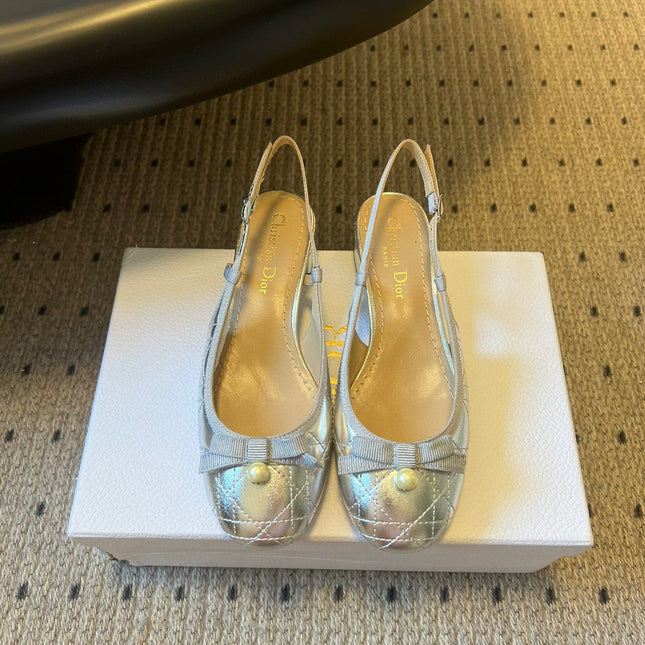DIOR 26S OPEN BACK SANDALS IN SILVER CALFSKIN WITH PEARL BOW