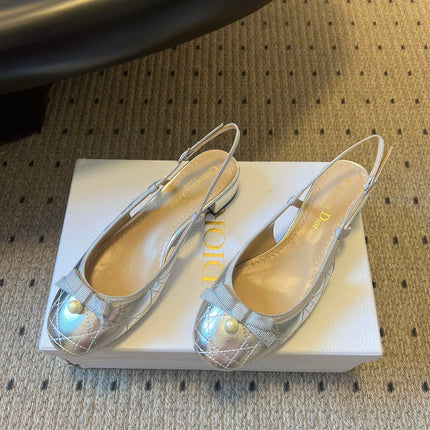 DIOR 26S OPEN BACK SANDALS IN SILVER CALFSKIN WITH PEARL BOW