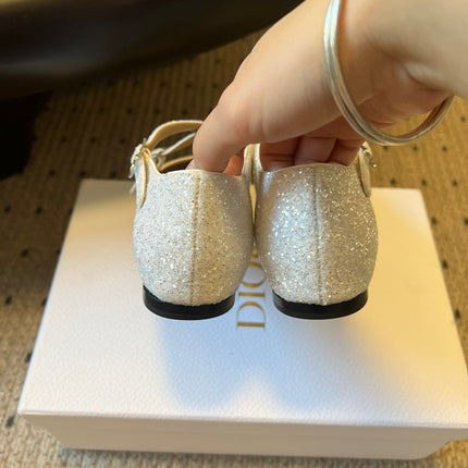 DIOR 26S BALLET FLAT IN WHITE LAMINATED LAMBSKIN AND GLITTER
