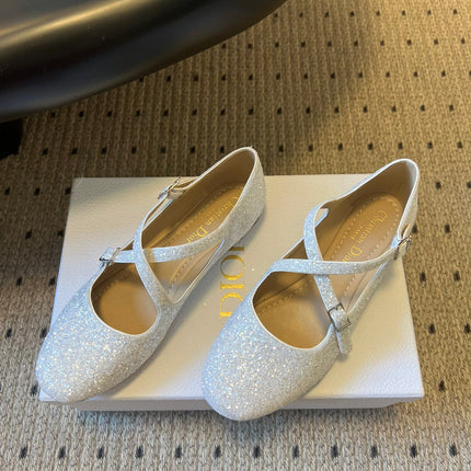DIOR 26S BALLET FLAT IN WHITE LAMINATED LAMBSKIN AND GLITTER