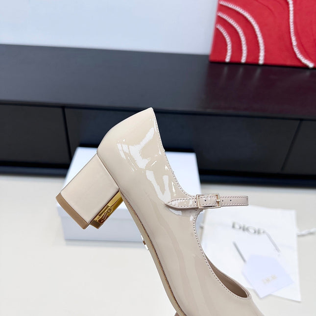 DIOR 26S MARY JANE PUMPS 45MM IN LIGHT BEIGE PATENT CALFSKIN GOLD HARDWARE