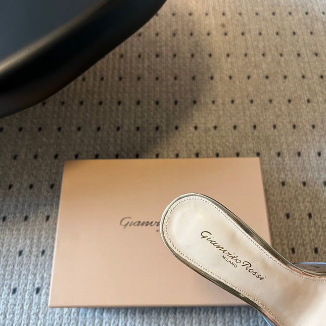 GIANVITO ROSSI 26S HEELED SANDALS 75 MM IN GOLD PATENT CALFSKIN AND PVC