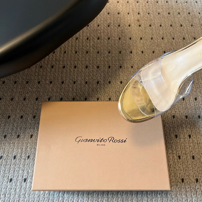 GIANVITO ROSSI 26S HEELED SANDALS 75 MM IN GOLD PATENT CALFSKIN AND PVC