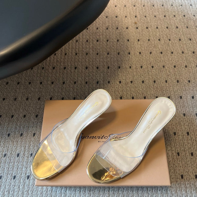 GIANVITO ROSSI 26S HEELED SANDALS 75 MM IN GOLD PATENT CALFSKIN AND PVC