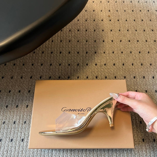 GIANVITO ROSSI 26S HEELED SANDALS 75 MM IN GOLD PATENT CALFSKIN AND PVC