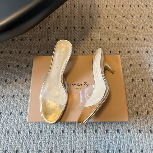 GIANVITO ROSSI 26S HEELED SANDALS 75 MM IN GOLD PATENT CALFSKIN AND PVC