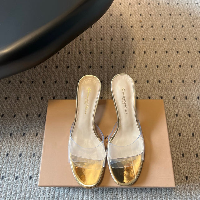 GIANVITO ROSSI 26S HEELED SANDALS 75 MM IN GOLD PATENT CALFSKIN AND PVC