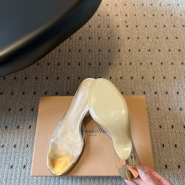GIANVITO ROSSI 26S HEELED SANDALS 75 MM IN GOLD PATENT CALFSKIN AND PVC