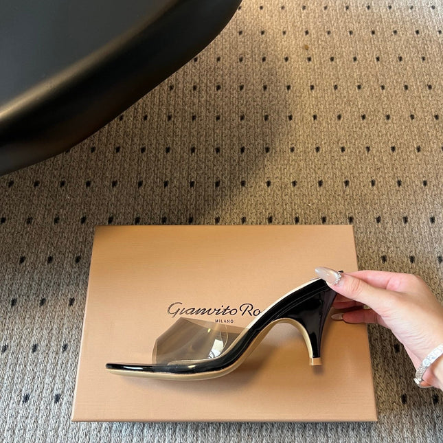 GIANVITO ROSSI 26S HEELED SANDALS 75 MM IN BLACK PATENT CALFSKIN AND PVC