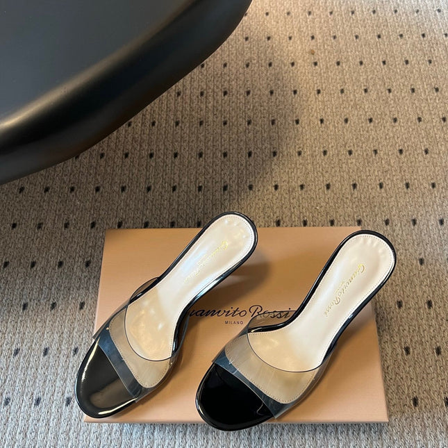 GIANVITO ROSSI 26S HEELED SANDALS 75 MM IN BLACK PATENT CALFSKIN AND PVC