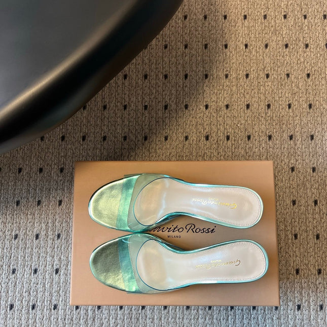 GIANVITO ROSSI 26S HEELED SANDALS 75 MM IN METALLIC MINT GREEN PATENT CALFSKIN AND PVC