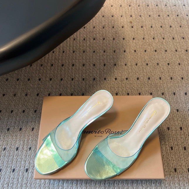 GIANVITO ROSSI 26S HEELED SANDALS 75 MM IN METALLIC MINT GREEN PATENT CALFSKIN AND PVC