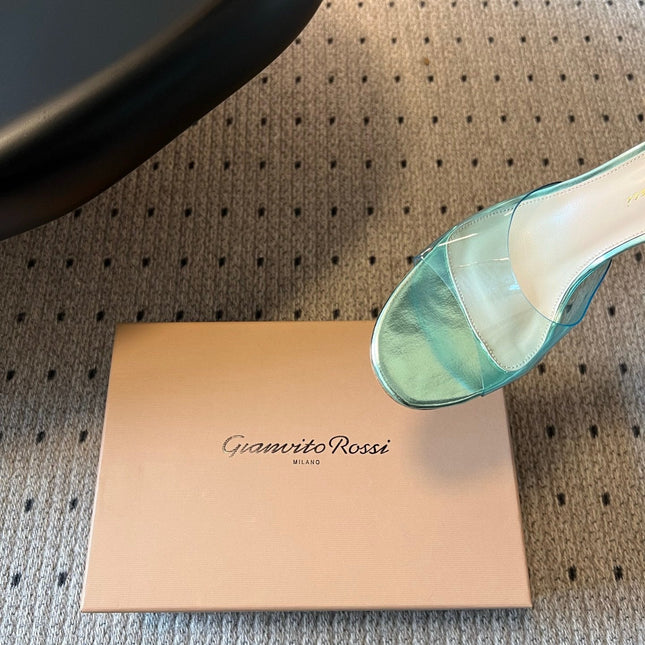 GIANVITO ROSSI 26S HEELED SANDALS 75 MM IN METALLIC MINT GREEN PATENT CALFSKIN AND PVC