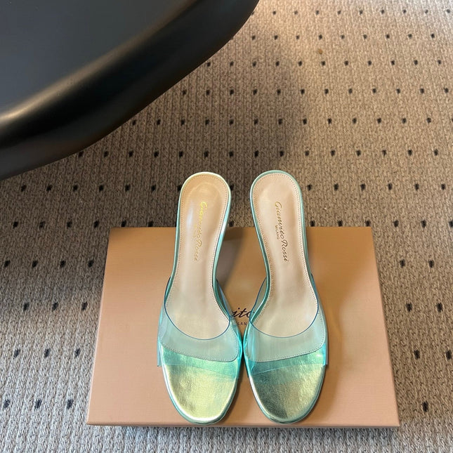 GIANVITO ROSSI 26S HEELED SANDALS 75 MM IN METALLIC MINT GREEN PATENT CALFSKIN AND PVC