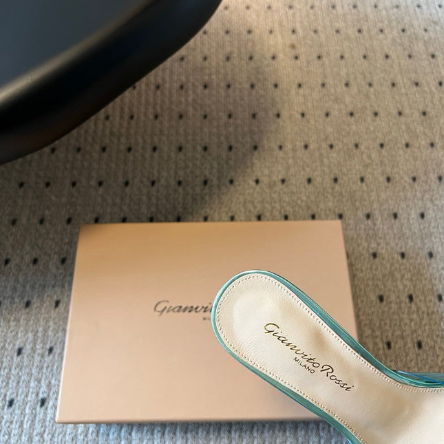 GIANVITO ROSSI 26S HEELED SANDALS 75 MM IN METALLIC MINT GREEN PATENT CALFSKIN AND PVC