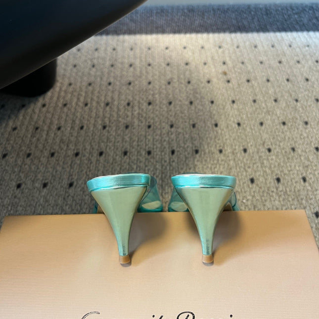 GIANVITO ROSSI 26S HEELED SANDALS 75 MM IN METALLIC MINT GREEN PATENT CALFSKIN AND PVC