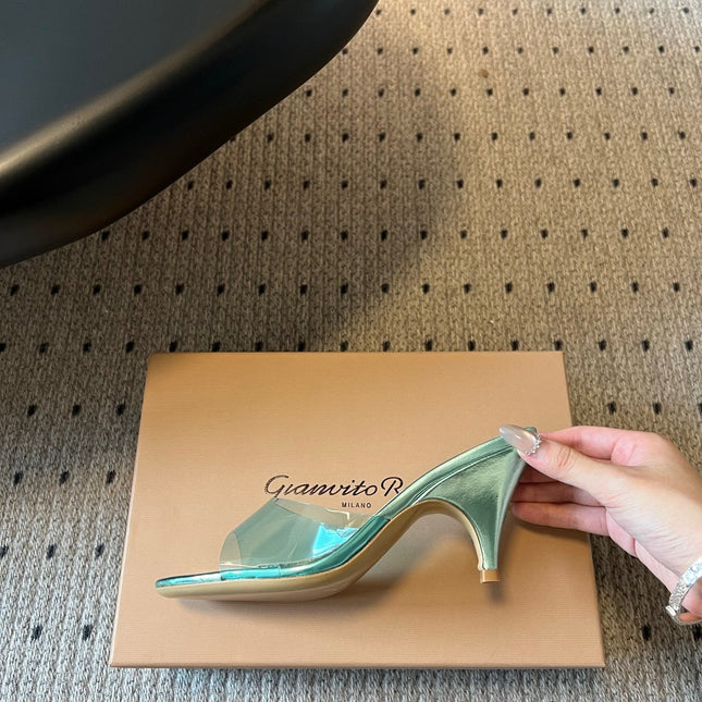 GIANVITO ROSSI 26S HEELED SANDALS 75 MM IN METALLIC MINT GREEN PATENT CALFSKIN AND PVC