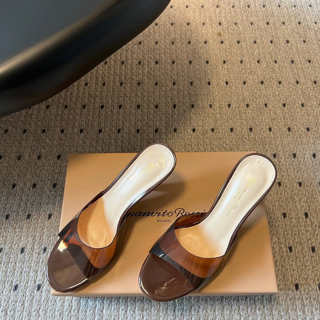 GIANVITO ROSSI 26S HEELED SANDALS 75 MM IN DARK BROWN PATENT CALFSKIN AND PVC
