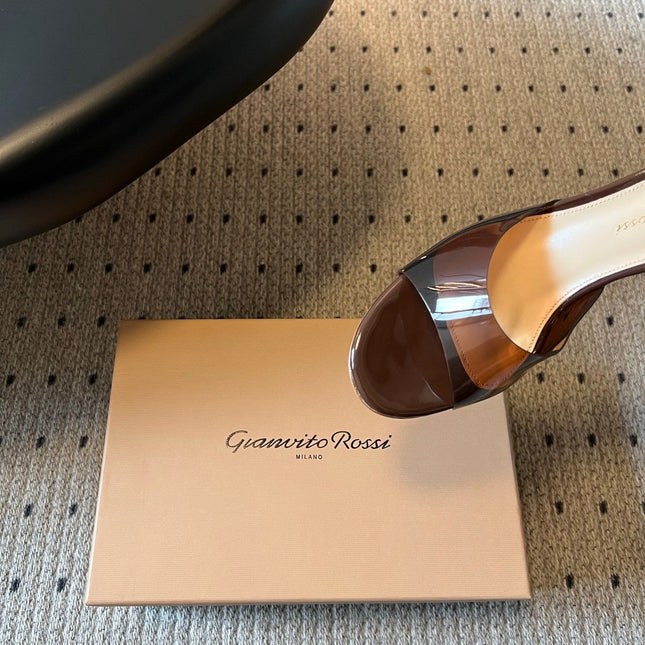 GIANVITO ROSSI 26S HEELED SANDALS 75 MM IN DARK BROWN PATENT CALFSKIN AND PVC