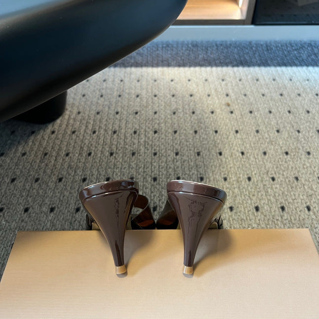 GIANVITO ROSSI 26S HEELED SANDALS 75 MM IN DARK BROWN PATENT CALFSKIN AND PVC