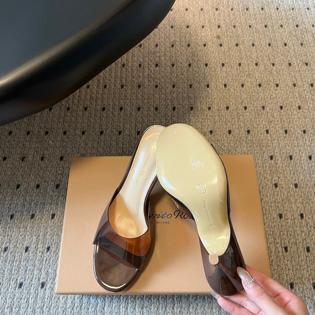 GIANVITO ROSSI 26S HEELED SANDALS 75 MM IN DARK BROWN PATENT CALFSKIN AND PVC