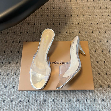 GIANVITO ROSSI 26S HEELED SANDALS 75 MM IN SILVER CALFSKIN AND PVC