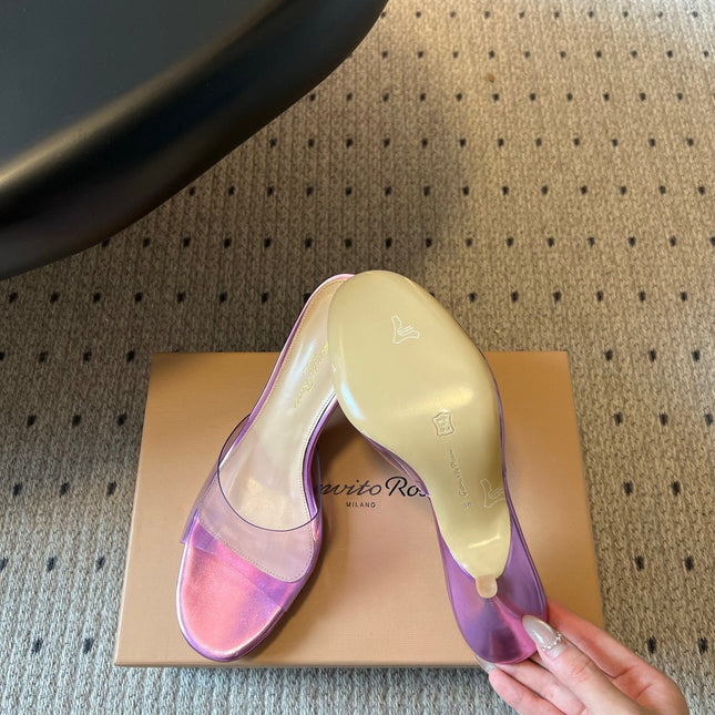 GIANVITO ROSSI 26S HEELED SANDALS 75 MM IN METALLIC PURPLE CALFSKIN AND PVC