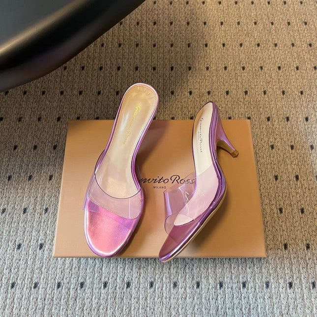 GIANVITO ROSSI 26S HEELED SANDALS 75 MM IN METALLIC PURPLE CALFSKIN AND PVC