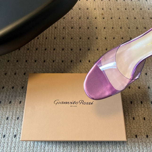 GIANVITO ROSSI 26S HEELED SANDALS 75 MM IN METALLIC PURPLE CALFSKIN AND PVC