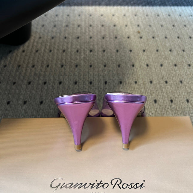 GIANVITO ROSSI 26S HEELED SANDALS 75 MM IN METALLIC PURPLE CALFSKIN AND PVC