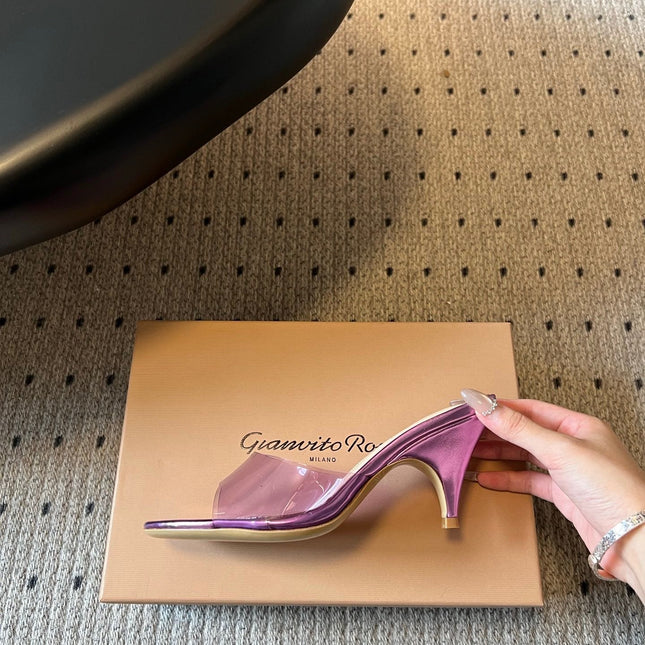 GIANVITO ROSSI 26S HEELED SANDALS 75 MM IN METALLIC PURPLE CALFSKIN AND PVC
