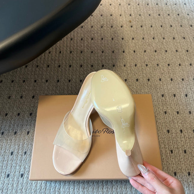 GIANVITO ROSSI 26S HEELED SANDALS 75 MM IN LIGHT BEIGE PATENT CALFSKIN AND PVC