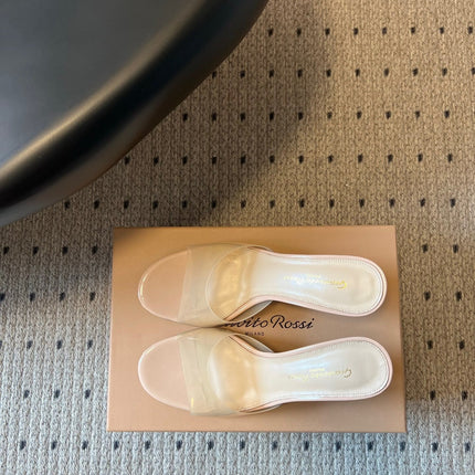 GIANVITO ROSSI 26S HEELED SANDALS 75 MM IN LIGHT BEIGE PATENT CALFSKIN AND PVC