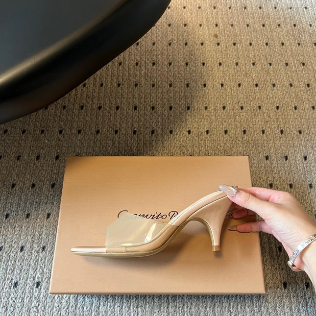 GIANVITO ROSSI 26S HEELED SANDALS 75 MM IN LIGHT BEIGE PATENT CALFSKIN AND PVC