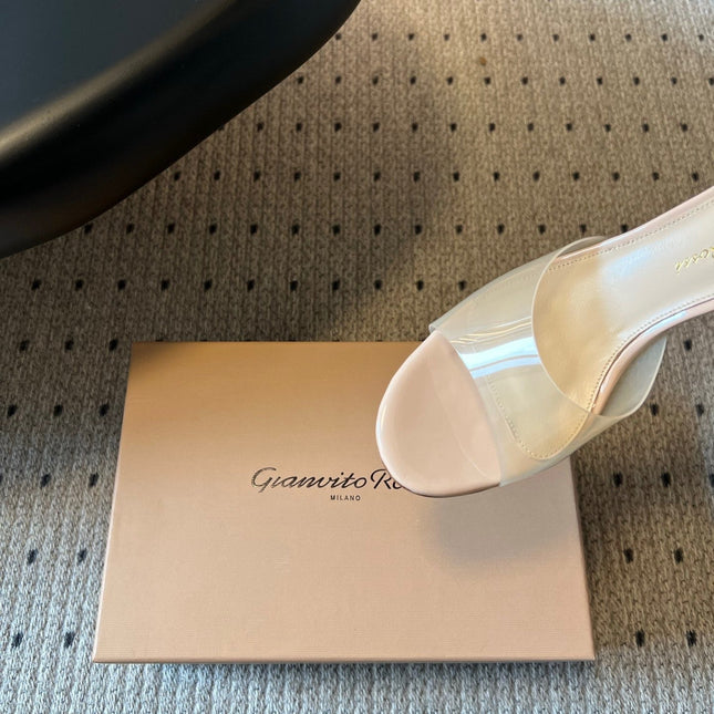 GIANVITO ROSSI 26S HEELED SANDALS 75 MM IN LIGHT BEIGE PATENT CALFSKIN AND PVC