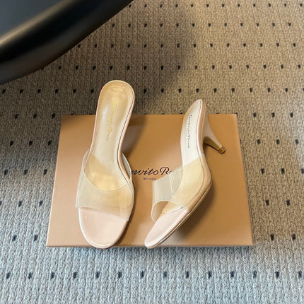 GIANVITO ROSSI 26S HEELED SANDALS 75 MM IN LIGHT BEIGE PATENT CALFSKIN AND PVC