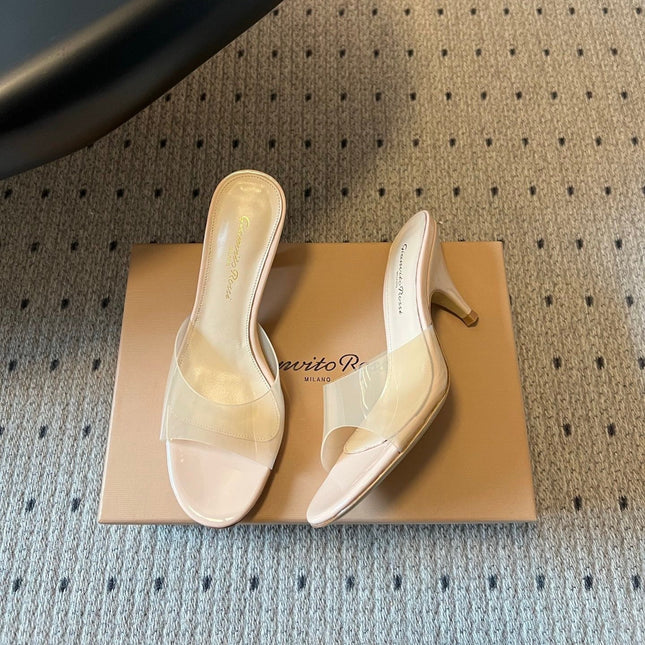GIANVITO ROSSI 26S HEELED SANDALS 75 MM IN LIGHT BEIGE PATENT CALFSKIN AND PVC