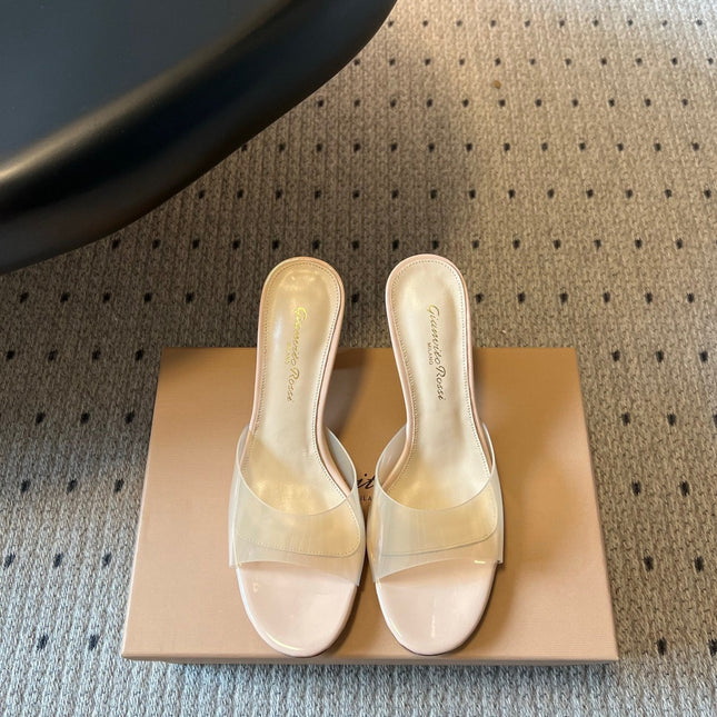 GIANVITO ROSSI 26S HEELED SANDALS 75 MM IN LIGHT BEIGE PATENT CALFSKIN AND PVC